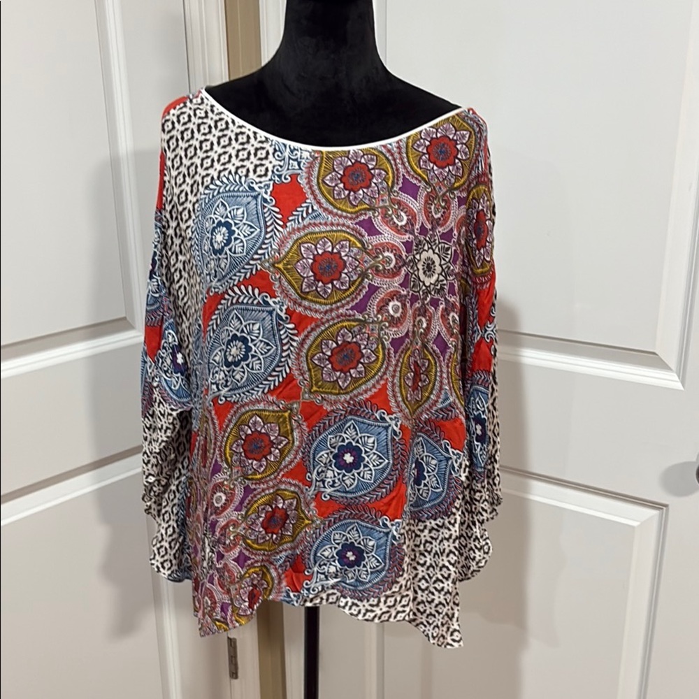 Chico's Red and Blue Asymmetrical Blouse